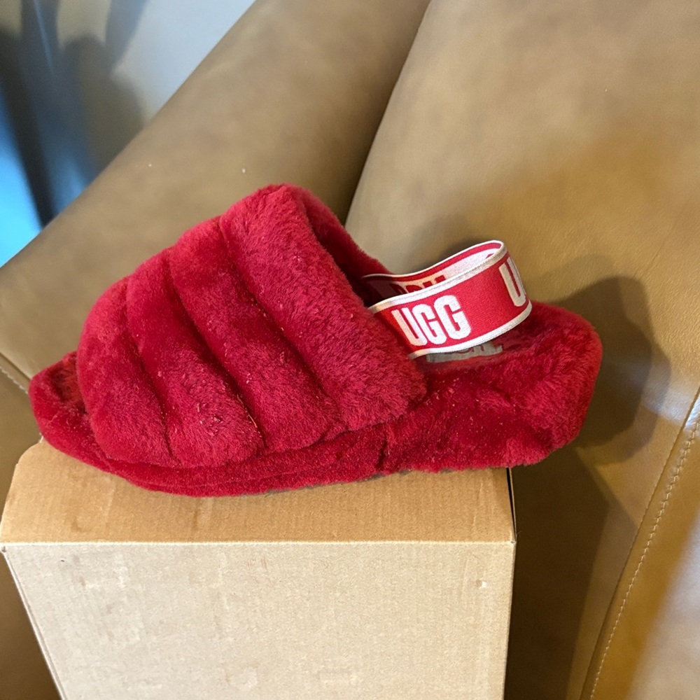 UGG Red Plush Slide Slippers with Branded Heel Strap - Picture 2 of 5